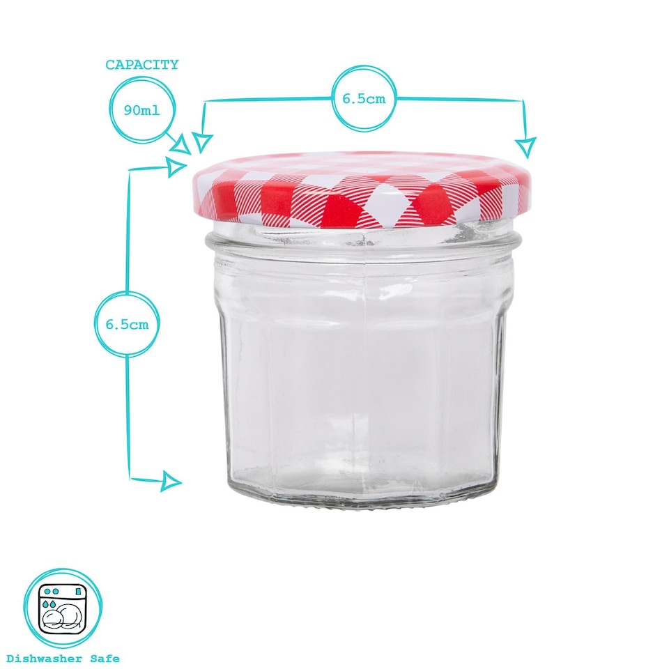 image 1 of Argon Tableware Glass Jam Jars with Green Gingham Lids - 90ml - Pack of 6