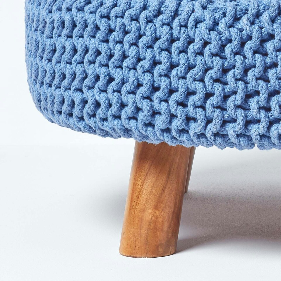 image 1 of Homescapes Blue Large Round Cotton Knitted Footstool on Legs