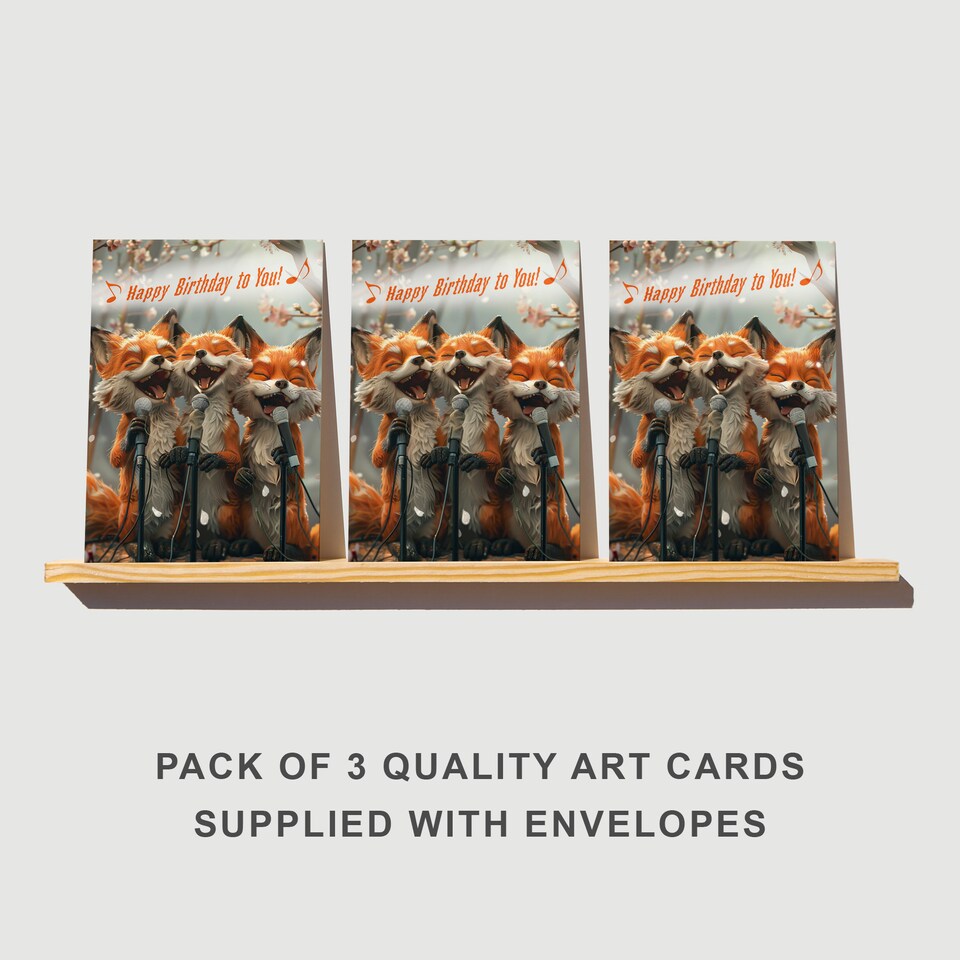 image 1 of Three Singing Foxes Birthday Card Woodland Karaoke Set of 3 Greeting Cards Blank