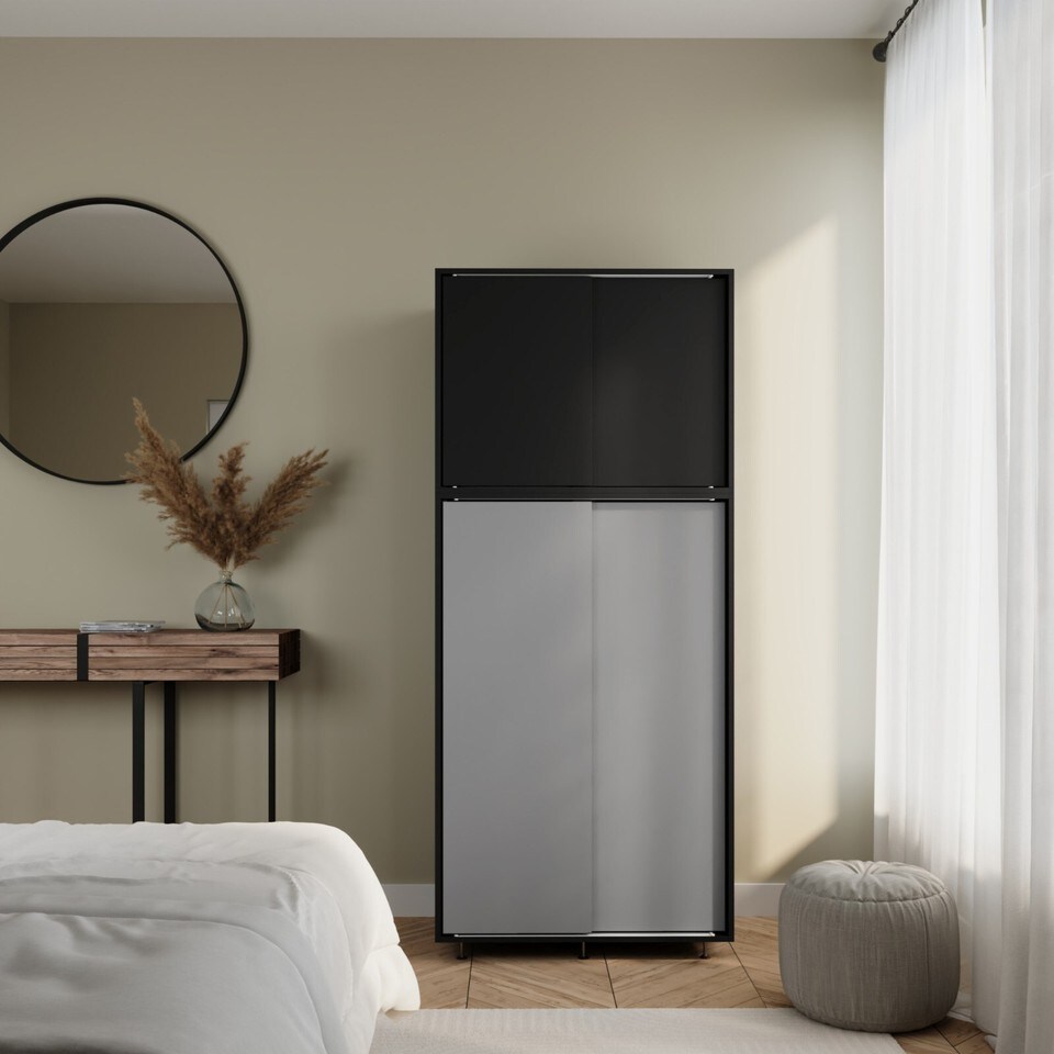 image 1 of 180cm 4 Sliding Doors Wardrobe Bedroom Storage Closet Hanging Rail Cupboard Unit | Multi | Black with Grey Doors | 1