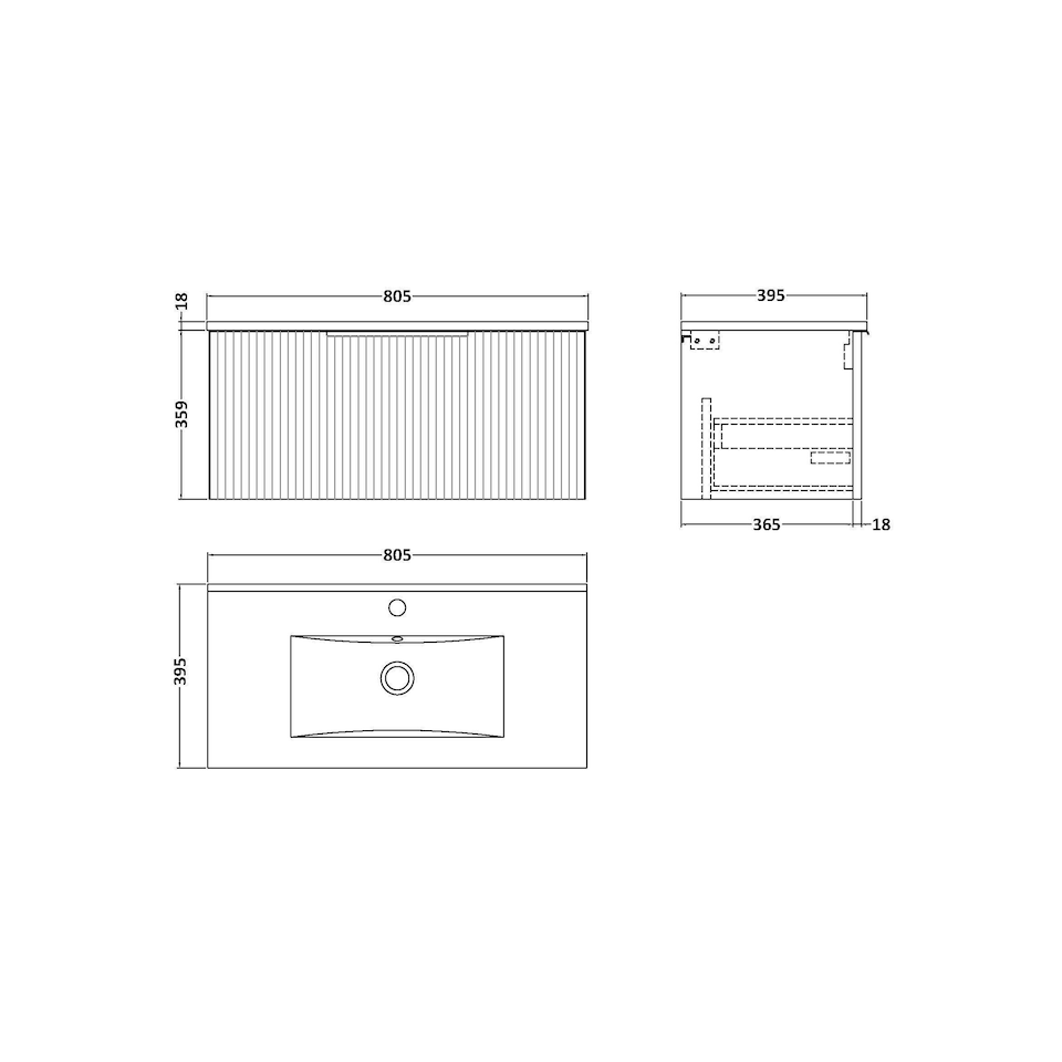image 1 of Balterley Tixall Fluted 1 Drawer Wall Hung Vanity Unit with Minimalist Basin, Satin Grey, 800mm