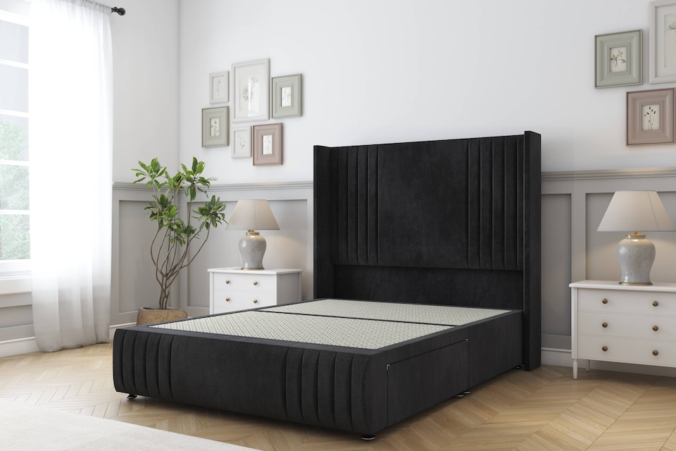 image 1 of Sloomy Camden Black Naples Divan Bed Base 2 Drawers Foot-End With 54 Inch Wingback Headboard & 12 Inch Matching Footboard | Black | Black | King | 1