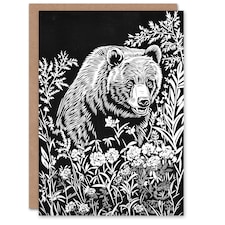 Bear in Wildflower Meadow Black White Floral Birthday Greeting Card