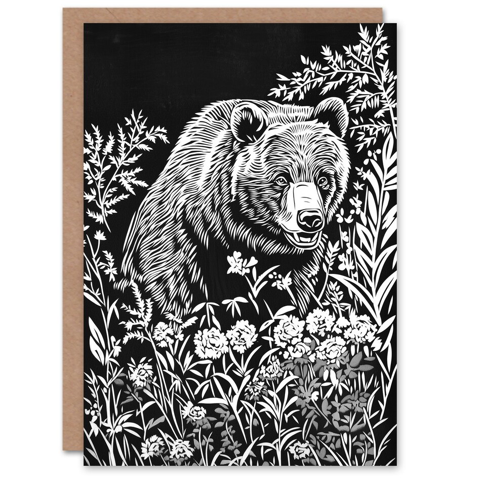 image 1 of Bear in Wildflower Meadow Black White Floral Birthday Greeting Card