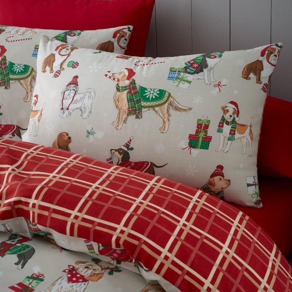 image 1 of Christmas Dogs Reversible Duvet Cover Bedding Set With Pillow Cases | Brown | Super King