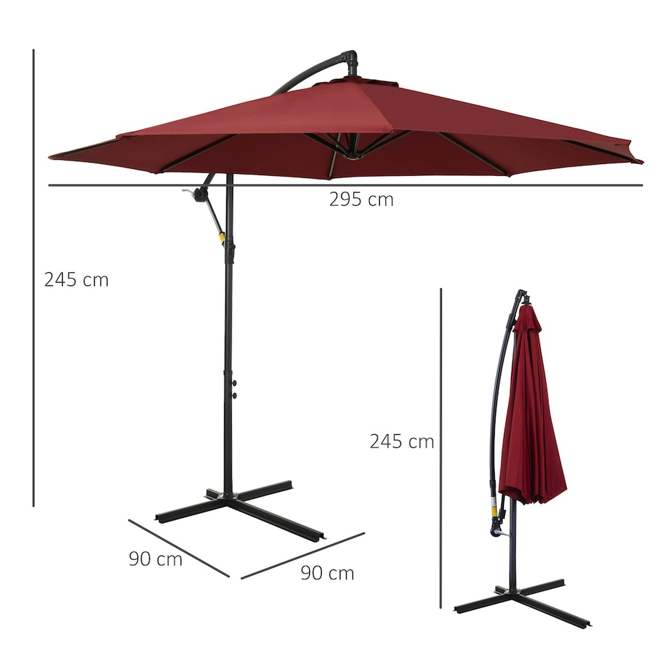 image 1 of Outsunny 3m Garden Banana Parasol Cantilever Umbrella, Wine Red