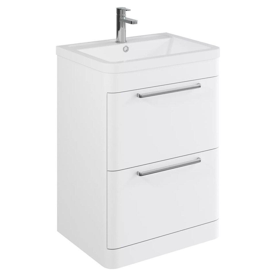 Balterley Contemporary Bathroom Floor Standing Vanity with 2 Soft Close Drawers & 1 Tap Hole Polymarble Basin, Gloss White, 600mm