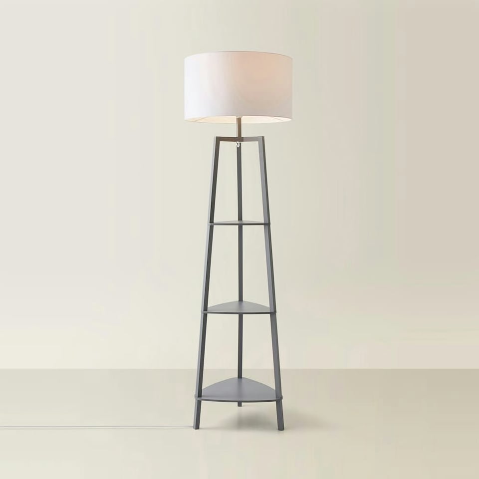 image 1 of ValueLights Hiru Grey 3 Tier Shelf Floor Lamp White Shade & Bulb | Grey