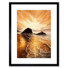 Golden Beach Sunrise Coastal Landscape Painting 9x7" Black Framed Wall Art Print