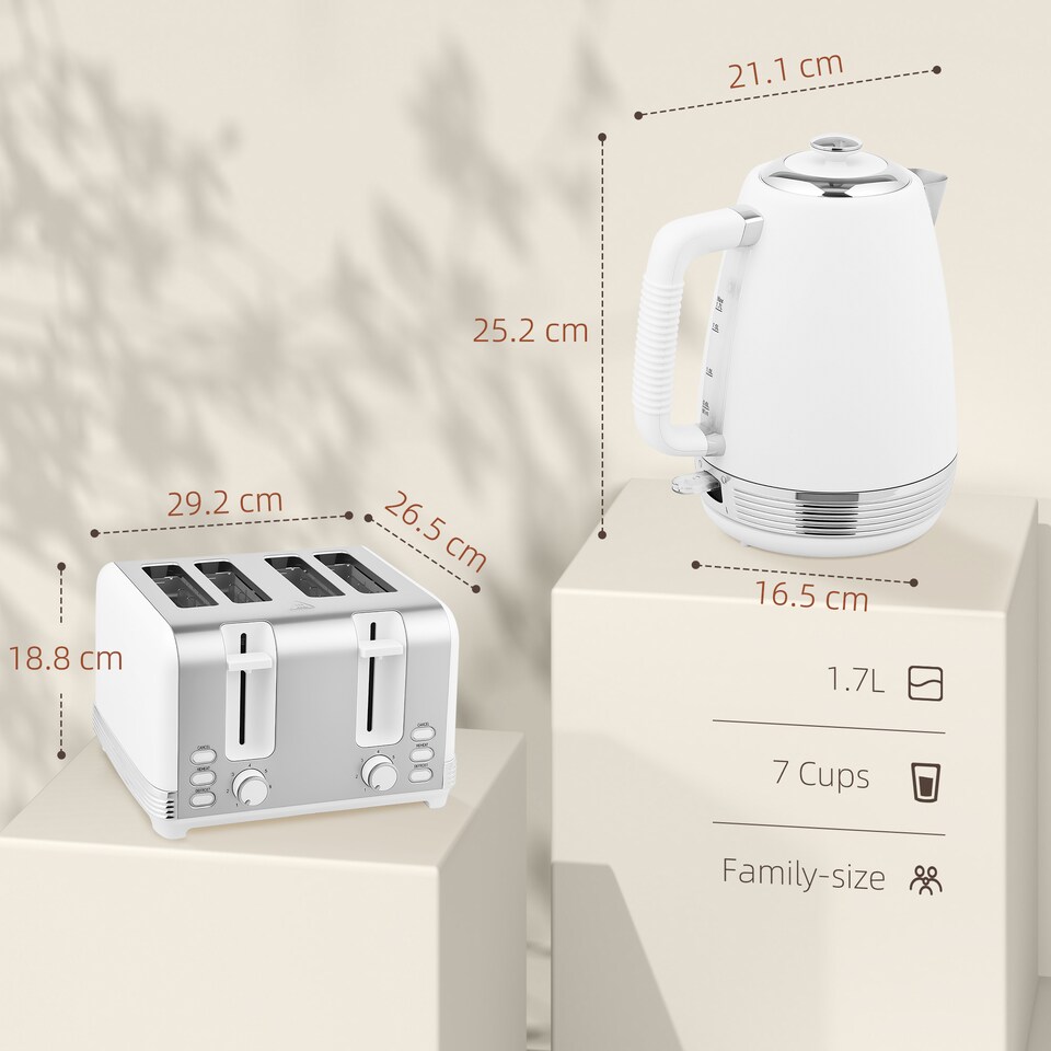 image 1 of HOMCOM Stainless Steel Kettle and Toaster Set, 1.7L 3000W Rapid Boil Jug Kettle with UK Strix Thermostat, Limescale Filter, 4 Slice Toaster with 7 Browning Controls, Crumb Tray, White and Silver Tone