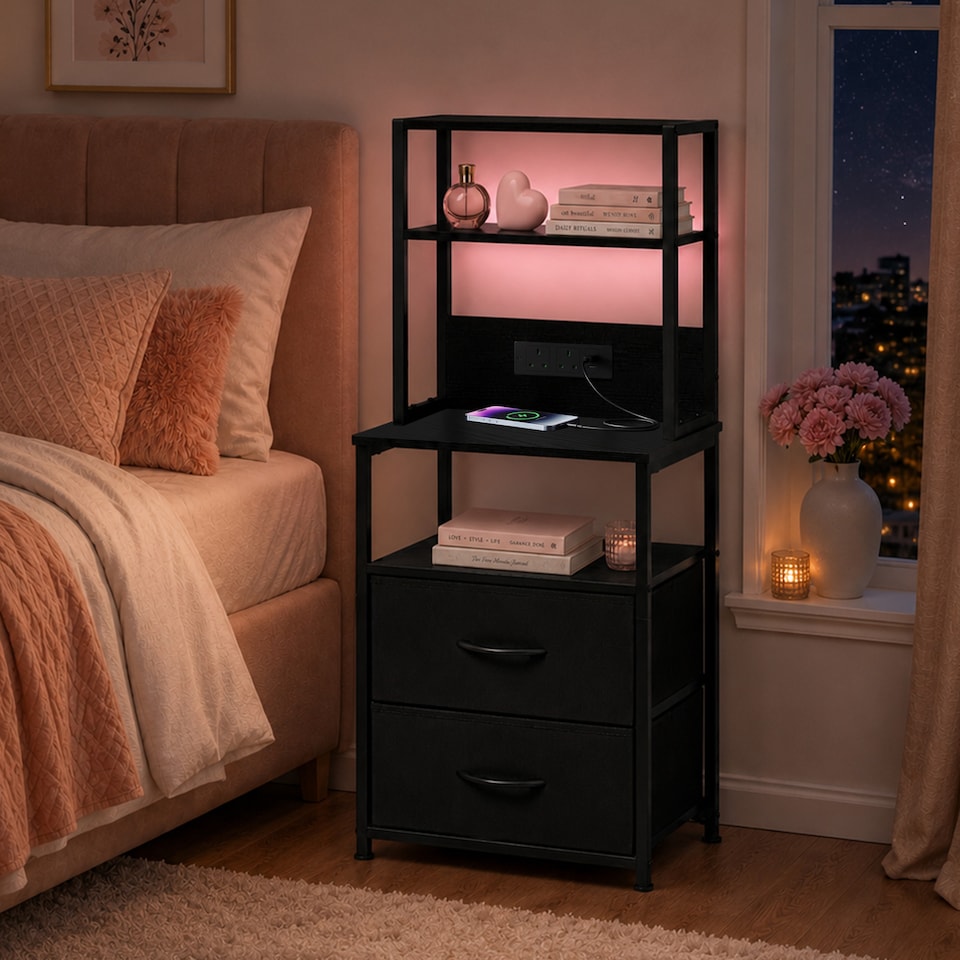 image 1 of Levede Bedside Table with Charging Station,LED Light 2 Drawers Storage Black