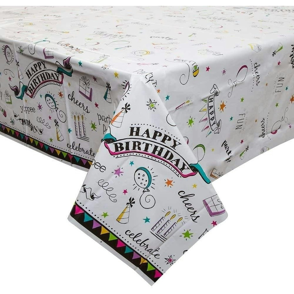 Unique Party Plastic Doodle Happy Birthday Party Table Cover - Multicoloured - One Size Multi | One Size