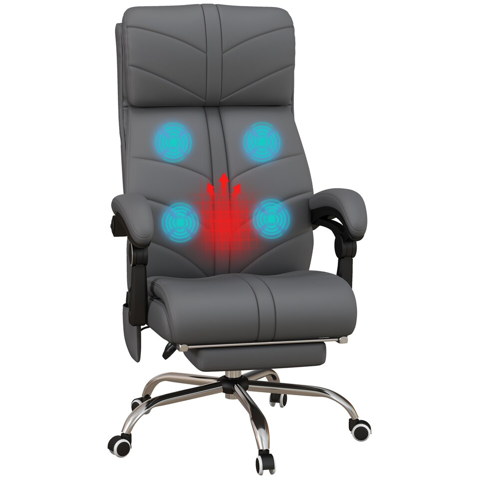 image 1 of Vinsetto High Back Vibration Massage Office Chair, Heated Reclining PU Leather Computer Chair with Footrest, Grey