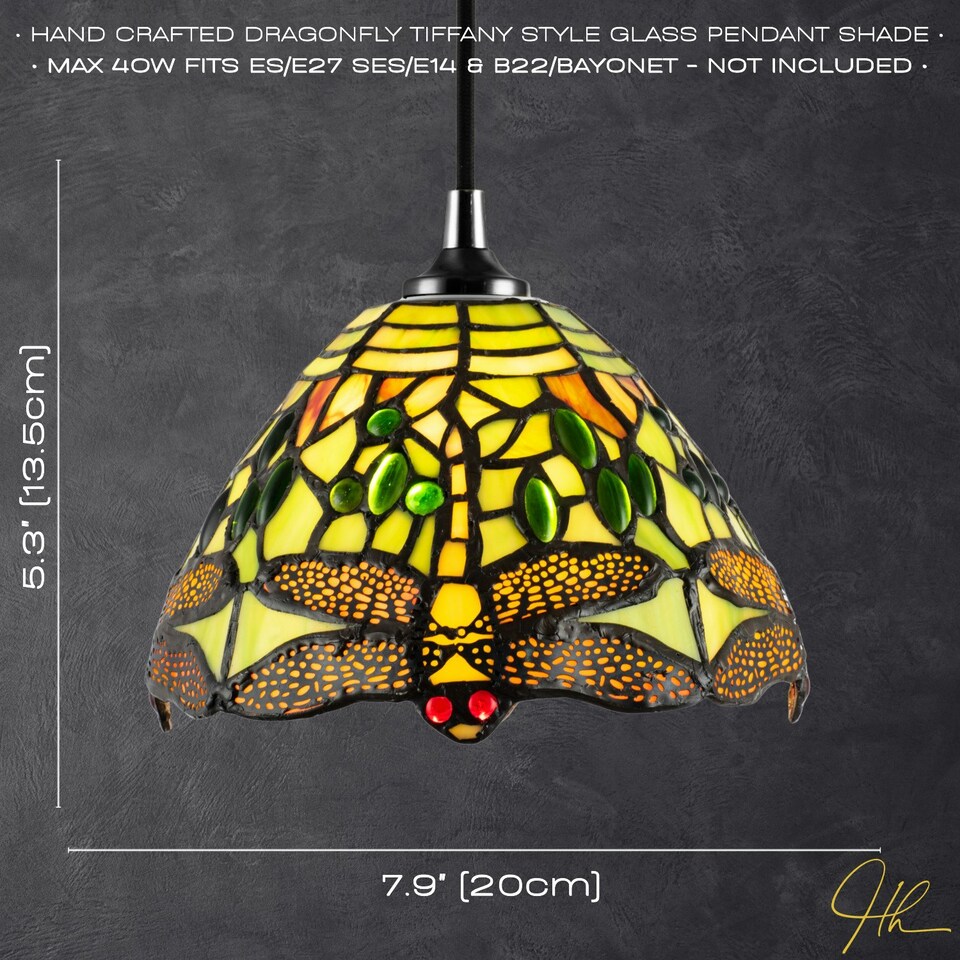 image 1 of Dragonfly Themed Green Stained Glass Tiffany Pendant Lighting Shade with Beads