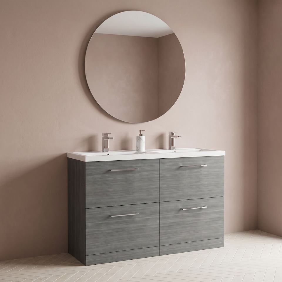 image 1 of Balterley Level Floor Standing 4 Drawer Vanity Unit with Double Basin for Modern Bathroom Storage | Grey | Anthracite Woodgrain