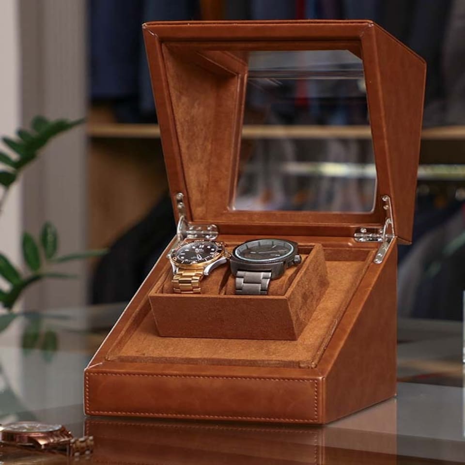 image 1 of Tan Brown Leather Double Watch Display Case Brown