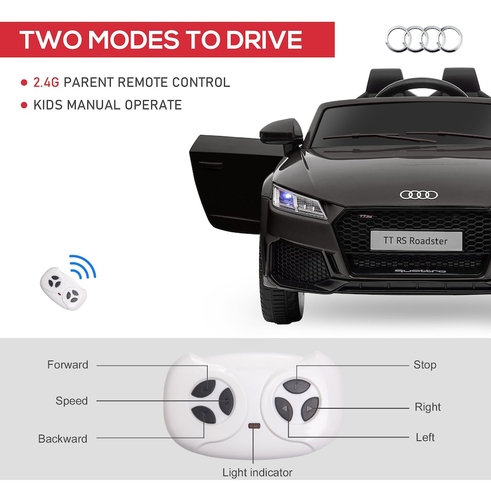 image 1 of HOMCOM 12V Battery Licensed Audi TT RS Ride-On Car w/ Headlight, Black | Black | Black