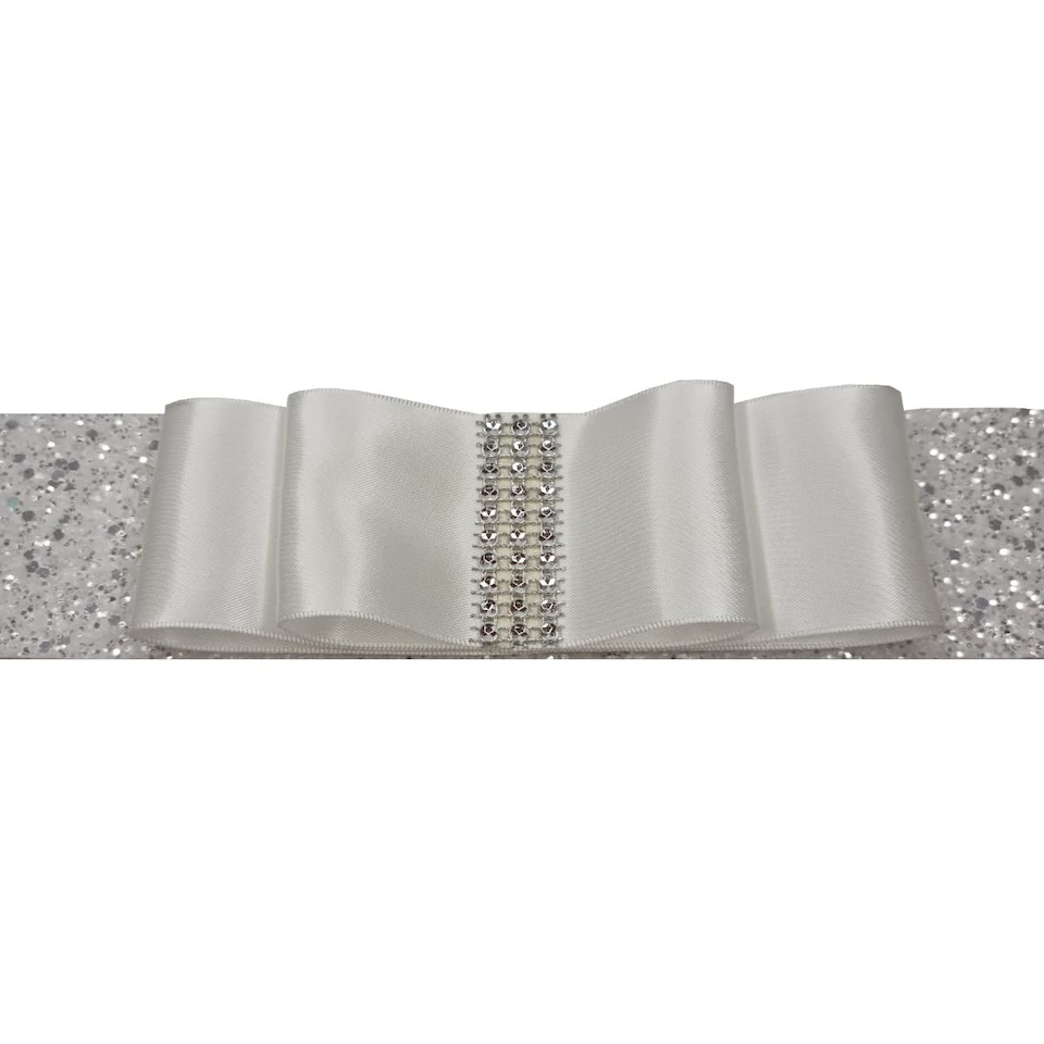 image 1 of FURNISHED Blackout Roller Blind with White Glitter Trim and White Bow Trimmable Window Shade | White | White | (W) 105cm x (L) 165cm