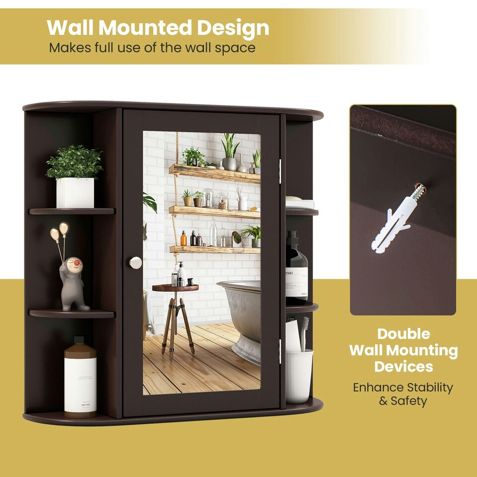 image 1 of COSTWAY Mirrored Bathroom Cabinet Wall Mount Storage Brown Brown
