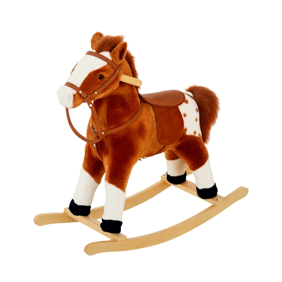 image 1 of HOMCOM Rocking Horse Toy Plush Wood Pony Riding Rocker Neigh Sound Brown