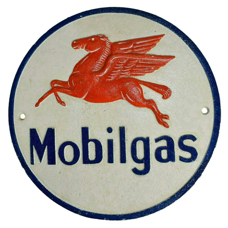 image 1 of Mobilgas Fuel Round Cast Iron Sign Plaque Wall Garage Petrol Workshop Shop