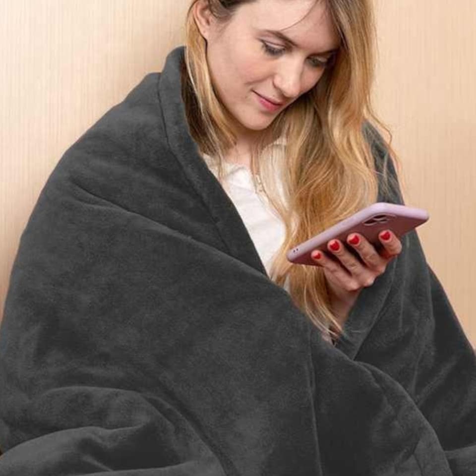 image 1 of Machine Washable Heated Throw Electric Blanket with 10 Heat Settings | Grey