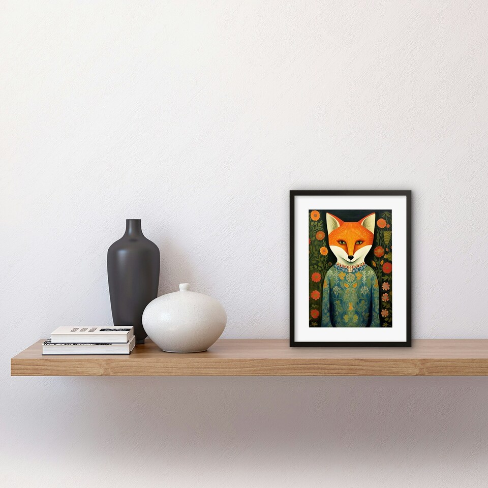 image 1 of Fox Flaunting Fancy Floral Frock Felicia Flower 9x7" Black Framed Wall Art Print