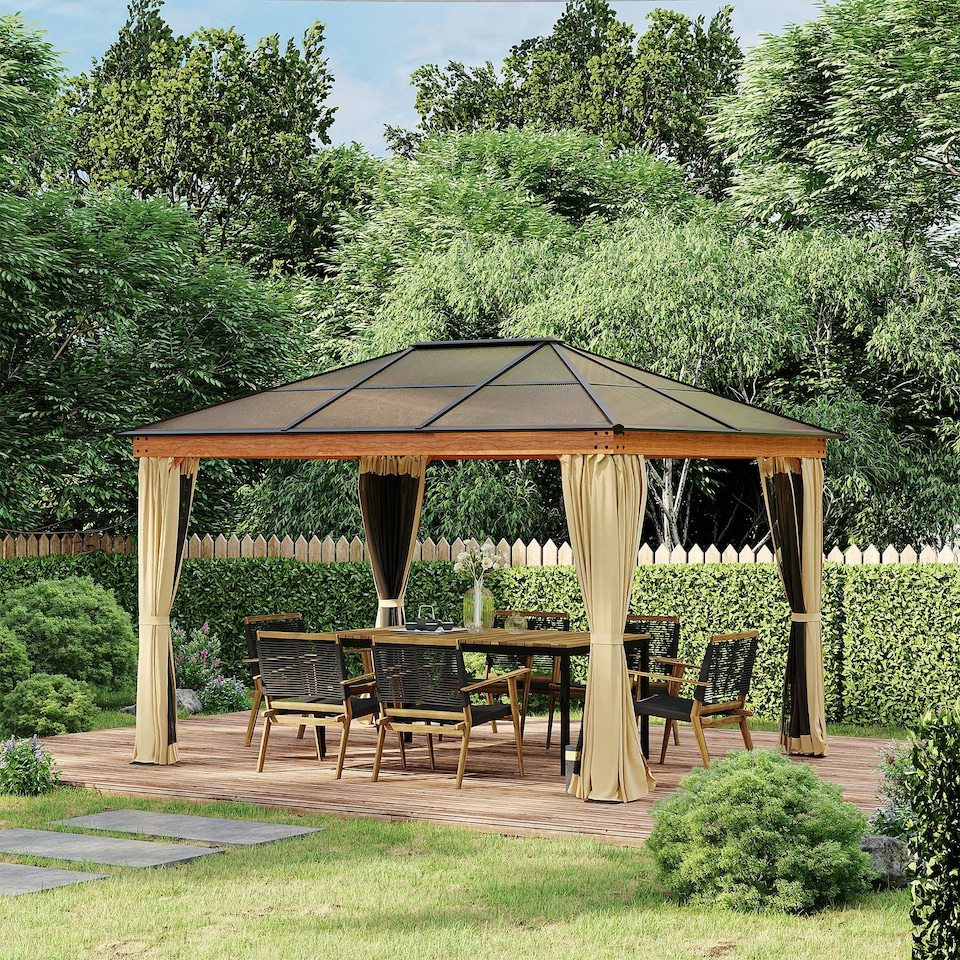 image 1 of Outsunny Hardtop Gazebo Polycarbonate Canopy with Nettings and Sidewalls Khaki