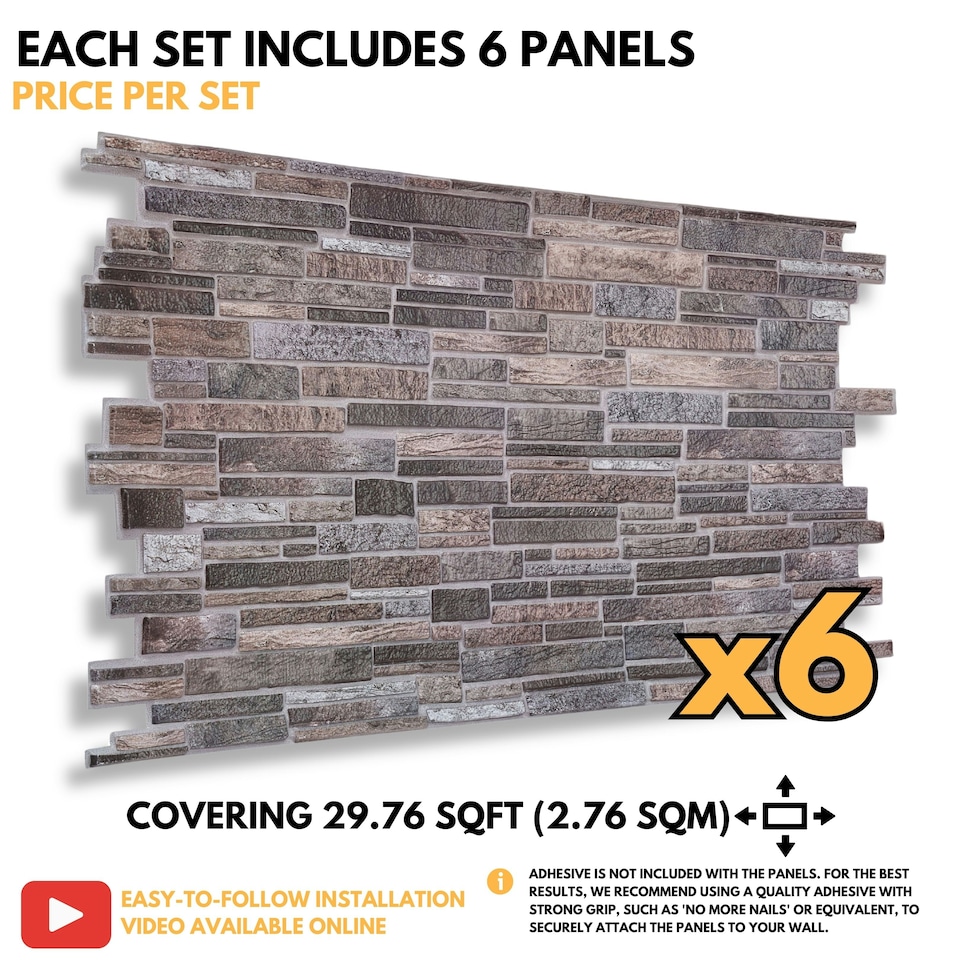 image 1 of NOVECRAFTO 3D Slim Stone Wall Panels – 6 PVC Sheets, Covers 2.76 sqm (29.76 sq ft), 96x48cm Each – Grey Slim Brick Effect Cladding, Moisture Resistant