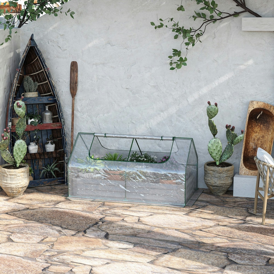 image 1 of Outsunny Raised Garden Bed Planter Box with Greenhouse, Large Window, Clear