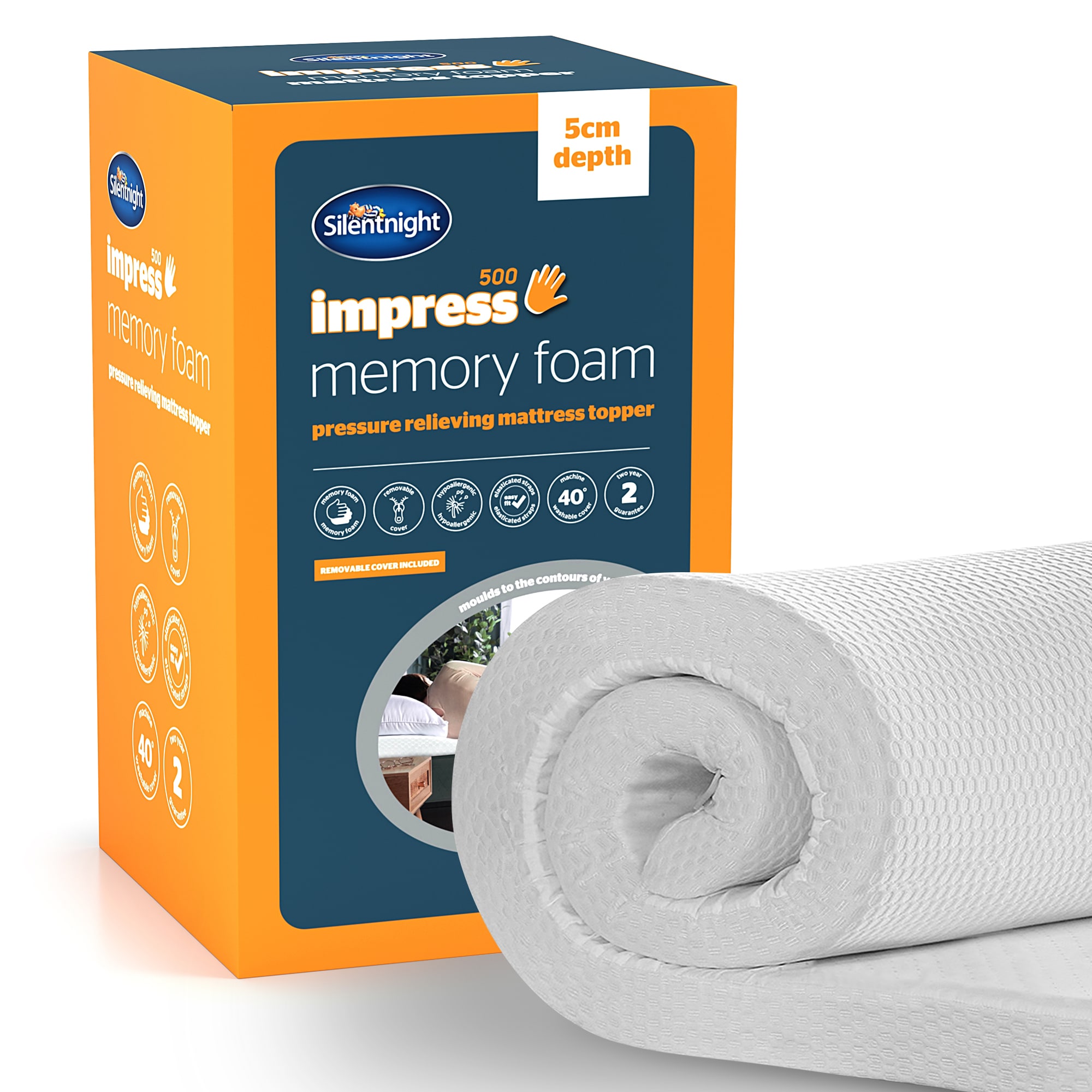 Silentnight Impress Memory Foam Mattress Topper, 5cm Thick, Small Double | White | 1