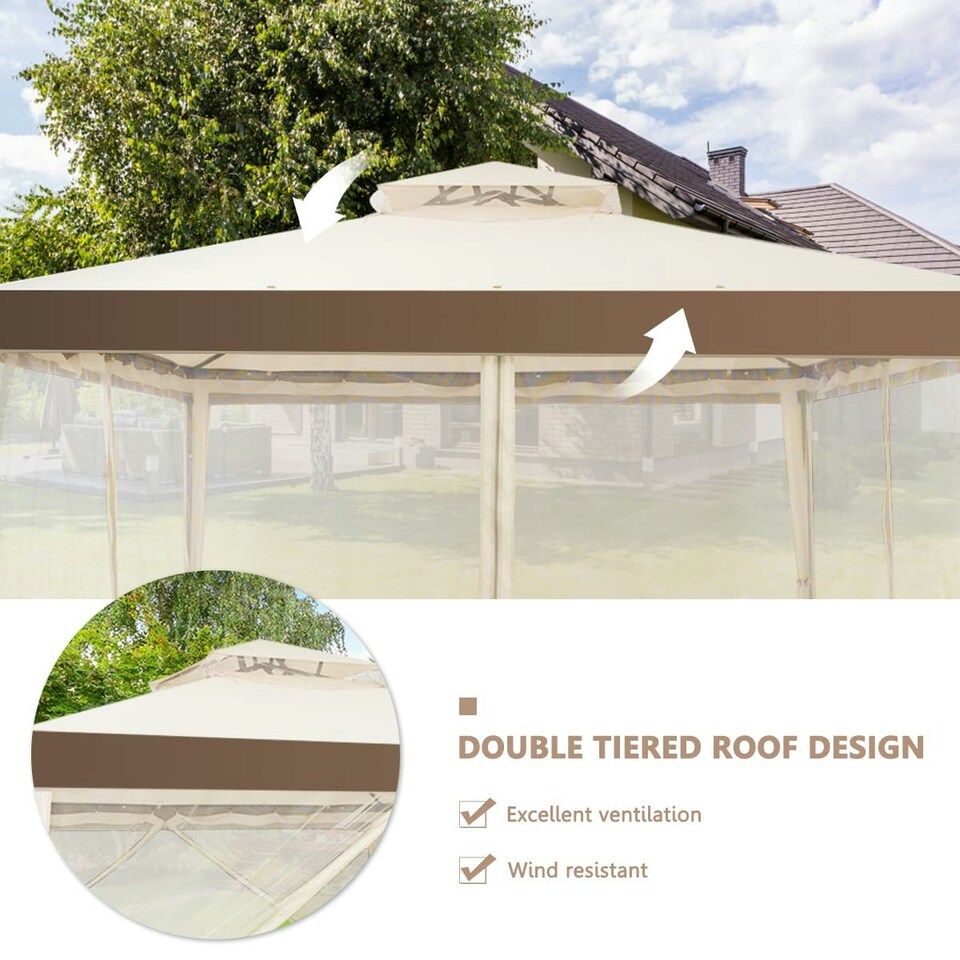 image 1 of COSTWAY Outdoor 3m x 3m Gazebo Tent Camping Canopy Beige