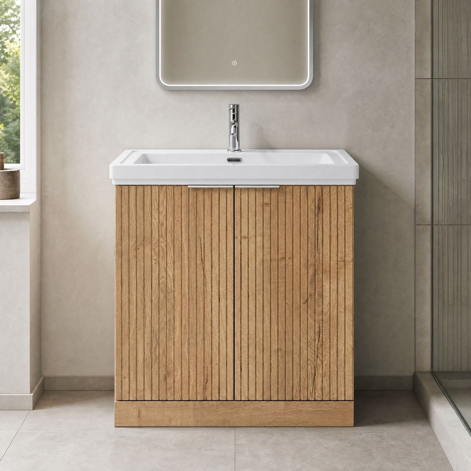 image 1 of Balterley Callingwood Contemporary Floor Standing 2 Door Vanity Unit with Traditional 1 Tap Hole Fireclay Basin , 800mm, Autumn Oak