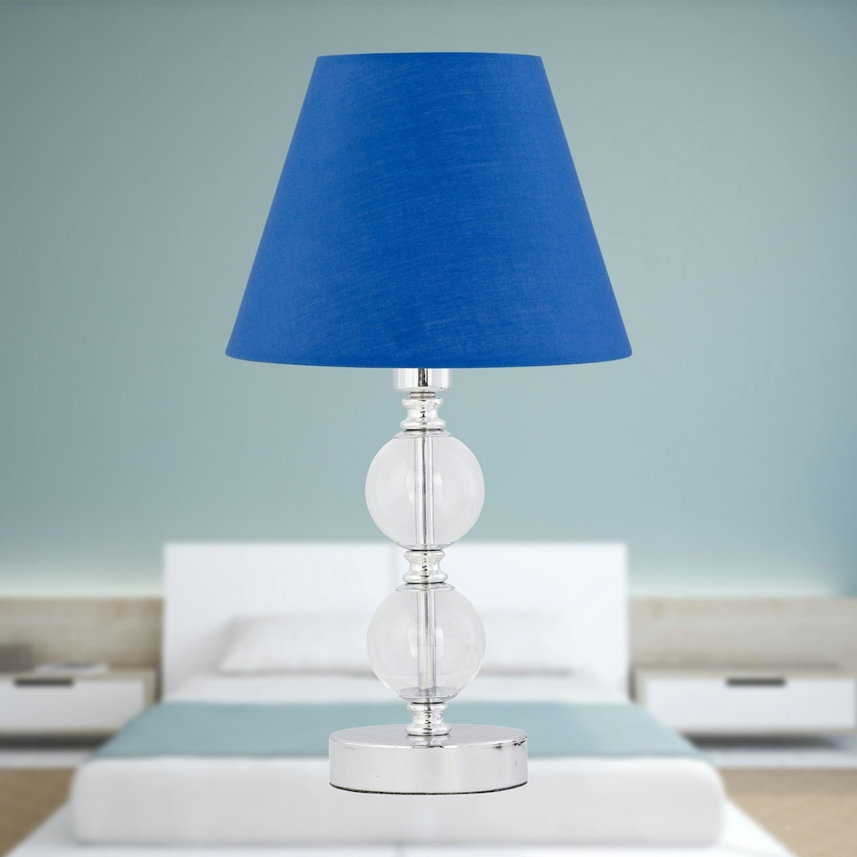 image 1 of Chrome Two Ball Table Lamp with Royal Blue Shade Chrome | Blue