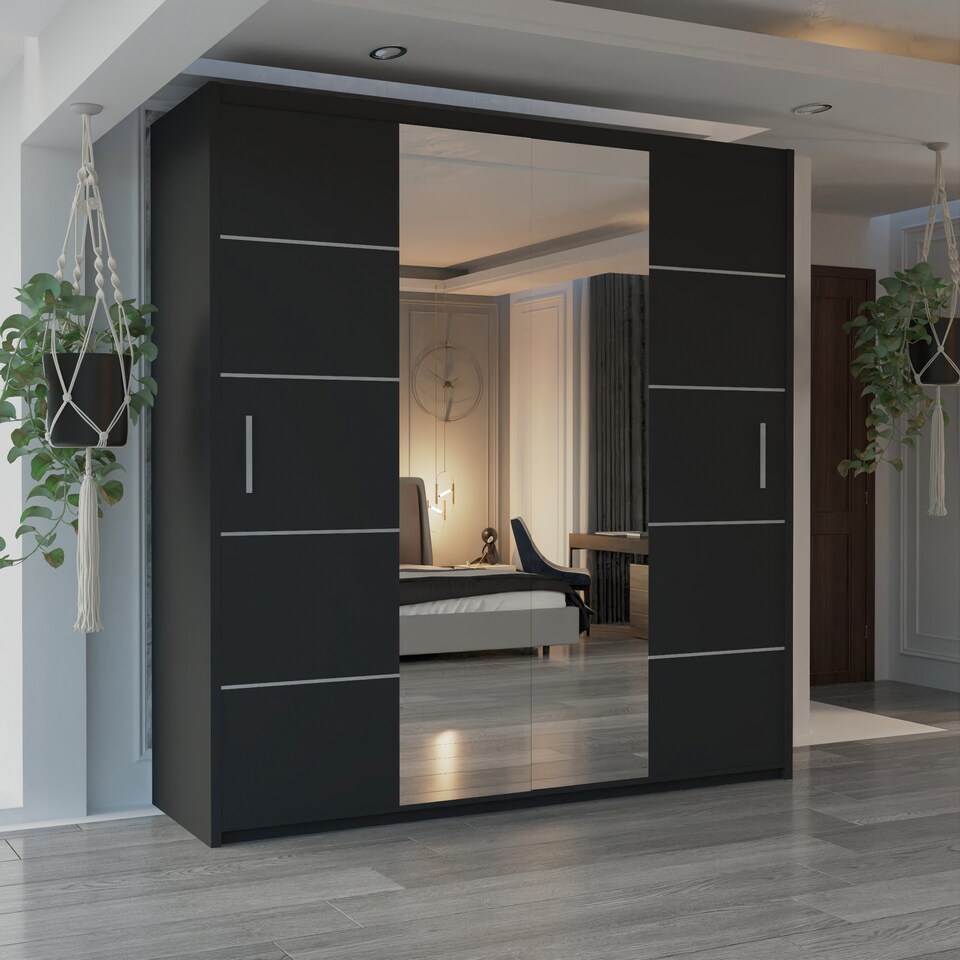 image 1 of Alfa Double Sliding Door Wardrobe with Mirror for Bedroom - Black 203cm