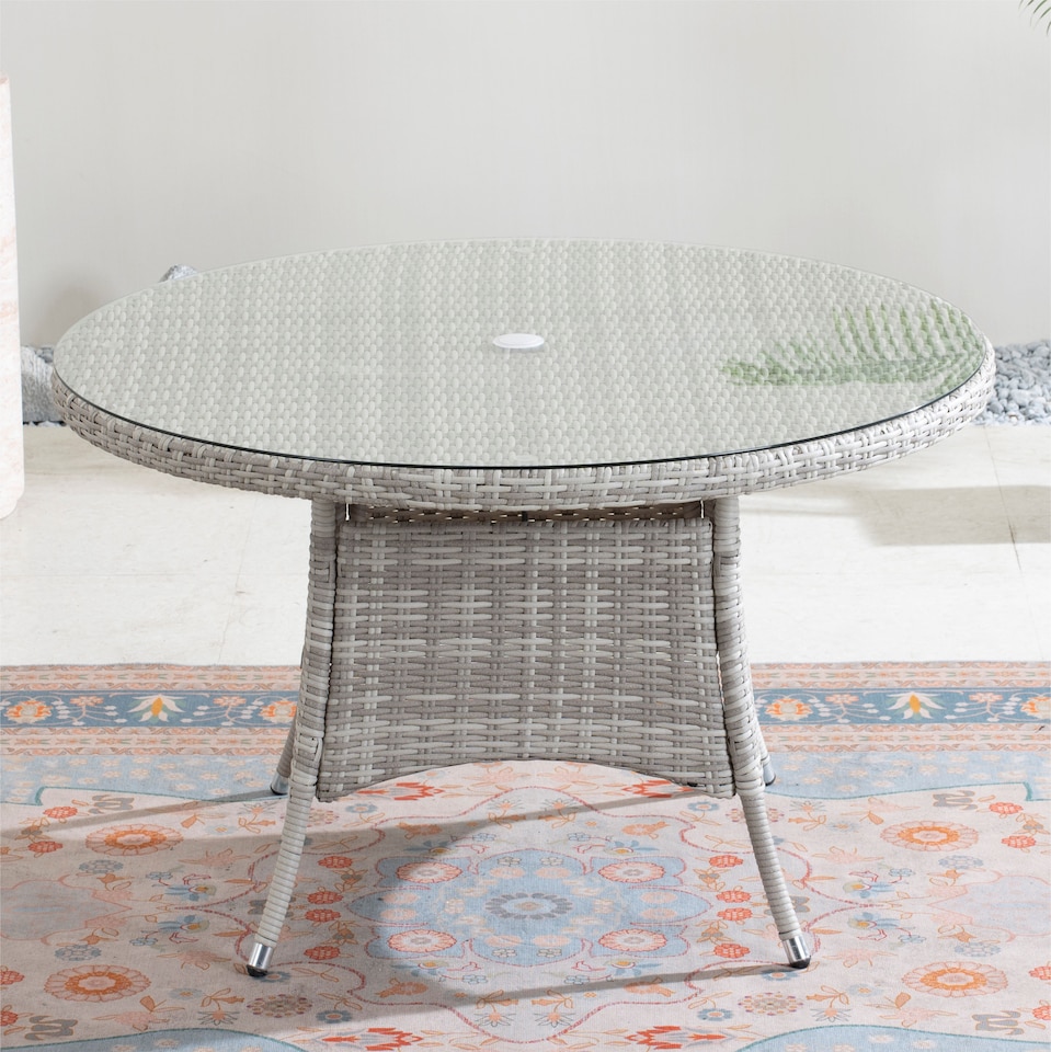 image 1 of Direct Wicker Outdoor 4‑Person Rattan Round Dining Table, Aluminum Frame with Tempered Glass Top & Umbrella Hole