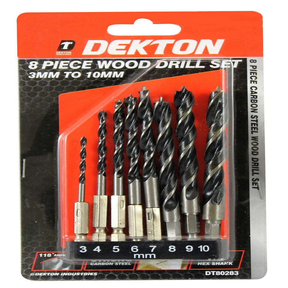 image 1 of Dekton 8pc 1/4'' Hex Shank Wood Drill Chisel Set 3mm-10mm Carbon Steel 3-4-5-6-8