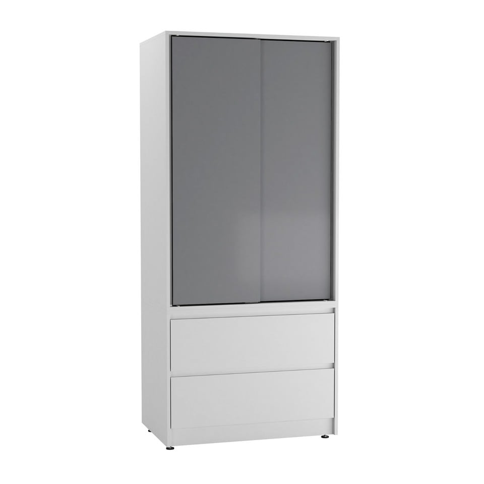 image 1 of URBNLIVING 2 Sliding Door Wardrobe With 2 Drawers And Hanging Rail | White | Grey Doors | 1