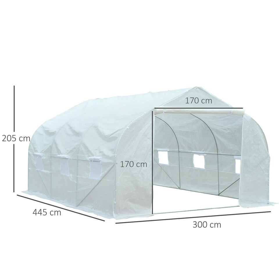 image 1 of Outsunny Walk-In Polytunnel Greenhouse w/ Roll Up Door Windows, 4.5x3x2 m White