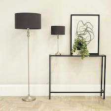ValueLights Maggie Brushed Chrome Silver Candlestick Floor Lamp with Charcoal Fabric Lamp Shade