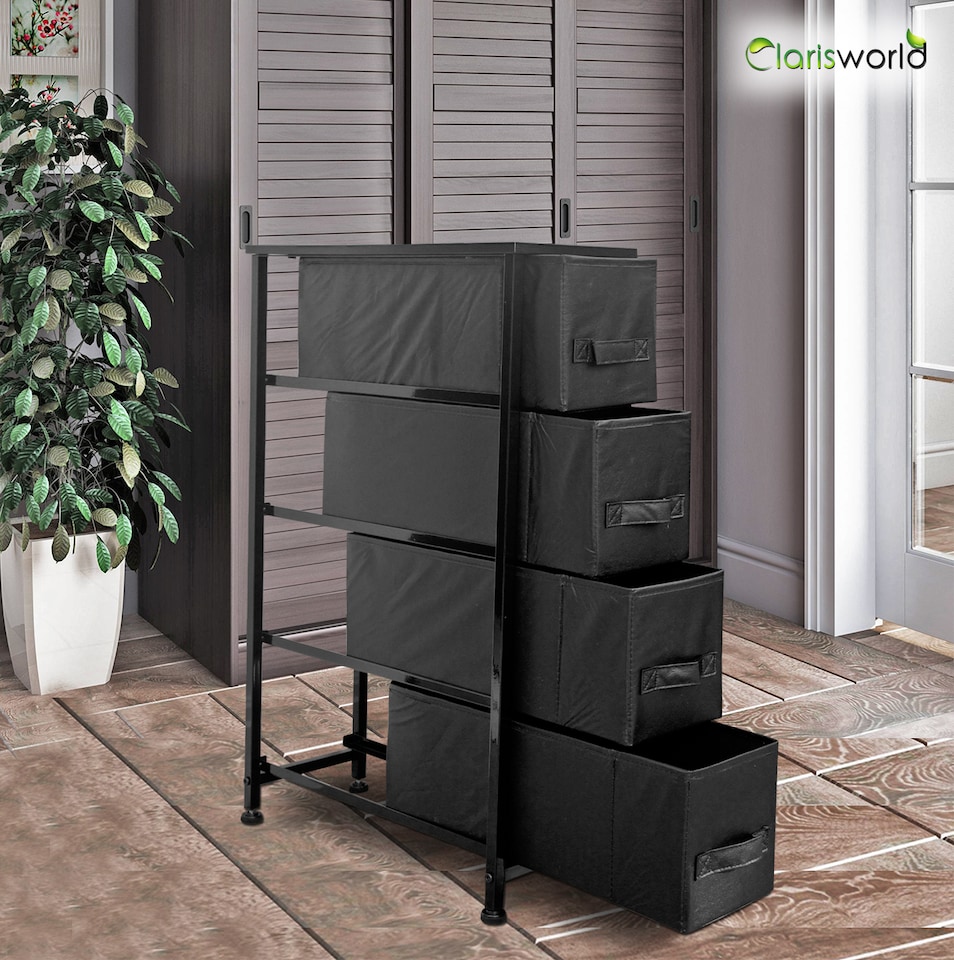 image 1 of Clarisworld 4 Narrow Drawer Storage Tower Dresser with Wood Top, Steel Frame & Laminated Fabric Drawers, Slim Storage Organiser Unit for Bedroom, Hallway, Entryway, Closet & Office