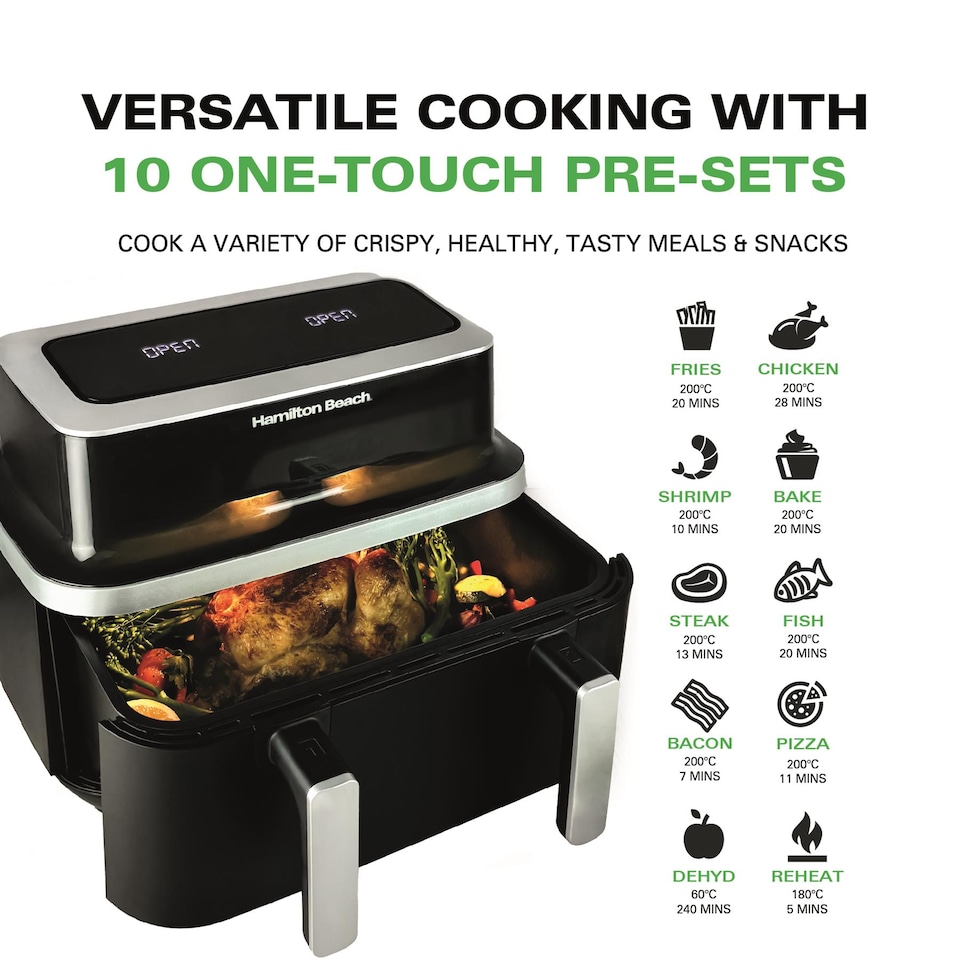 image 1 of Hamilton Beach Air Fryer, 9L, Dual, VisionCook, 2600W, Vision Window, 10 One Touch Presets, Vortex Technology, Match Cook, Smart Finish, Dishwasher Safe, Roast, Bake, Dehydrate, Black - HB700VCGS