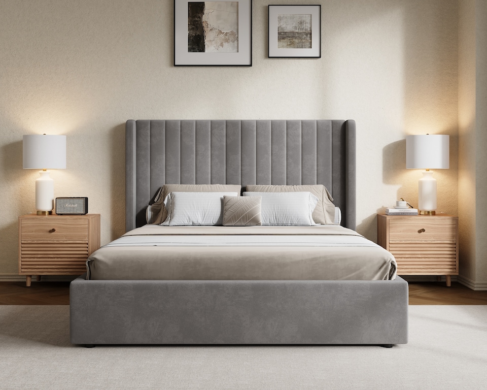 image 1 of Ezysleep Belgravia Velvet Upholstered Gas Lift Ottoman Storage Bed Frame Modern Design | Grey | Silver