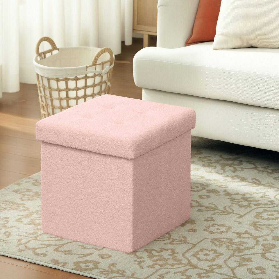 image 1 of HOMCOM Foldable Sherpa Fleece Storage Ottoman, 38 x 38 x 38 cm Pink