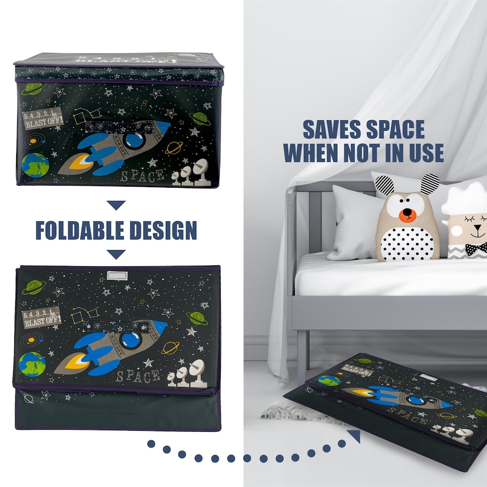 image 1 of The Magic Toy Shop Space Themed Kids Storage Box Large Black Foldable Organizer 50x30x40cm