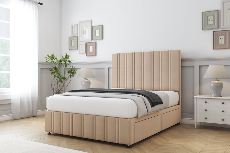 image 1 of Sloomy Langston Pebble Plush Divan Bed With Mattress 4 Drawers With 54" Floor Standing Headboard & 12" Matching Footboard 4' Small Double | Brown | Pebble | Small Double | 1