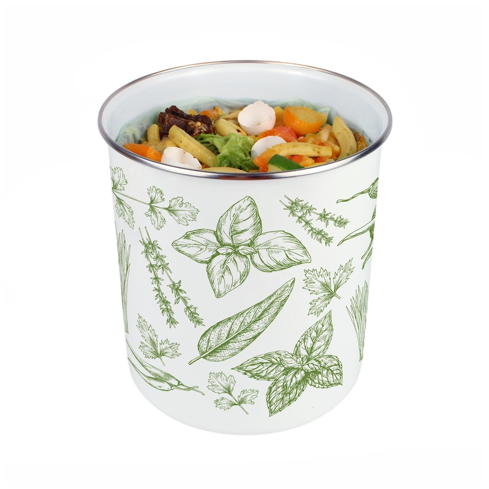 image 1 of Green Herbs Food Waste Caddy - Metal 2L Decorative Kitchen Compost Bin