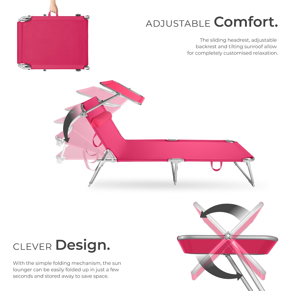 image 1 of Sun Lounger - foldable, adjustable sunroof, 4-step backrest, head cushion | Pink | pink | 1