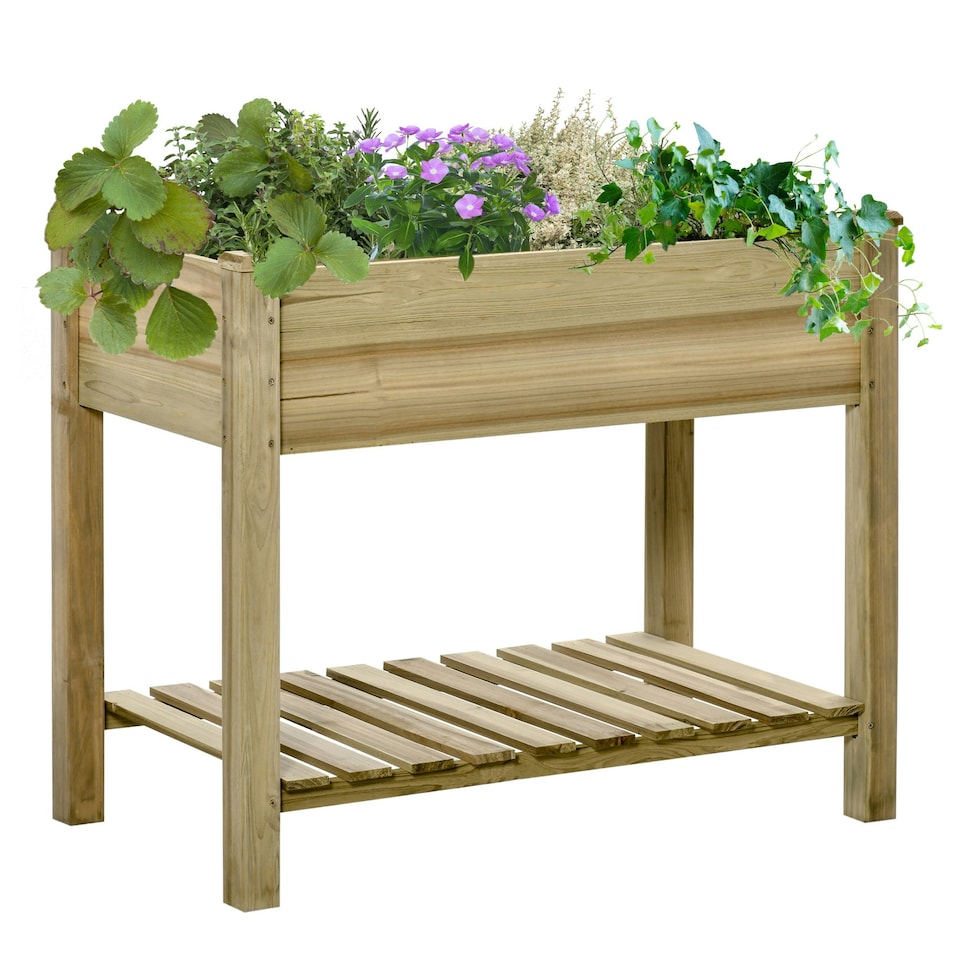 image 1 of Outsunny Raised Garden Bed with Legs and Storage Shelf Elevated Wood
