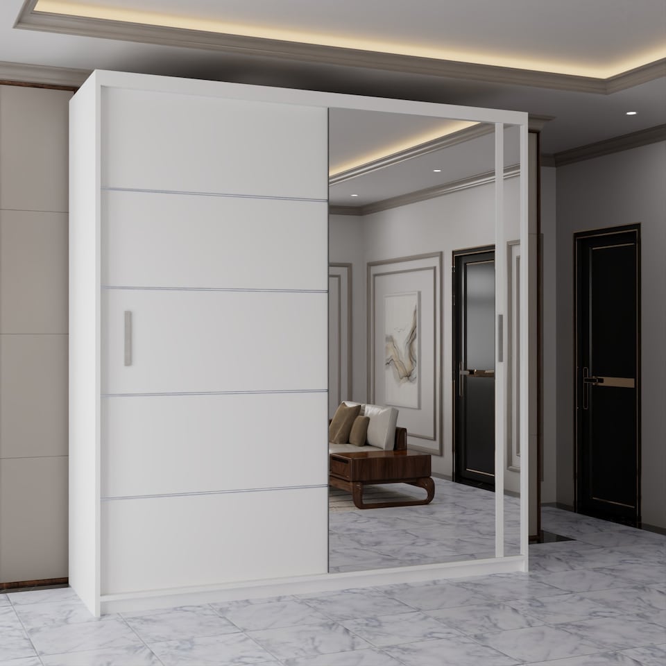 image 1 of Sliding Wardrobes 4u Modern Sliding Door Wardrobe with Full Mirror | 120cm, 150cm, 180cm and 203cm | White, Black, Grey & Oak | White | 203cm